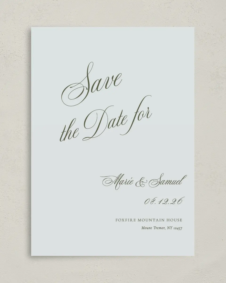 This is a 5" x 7" Save the Date Card called Foxfire printed in full color on Premium Smooth paper