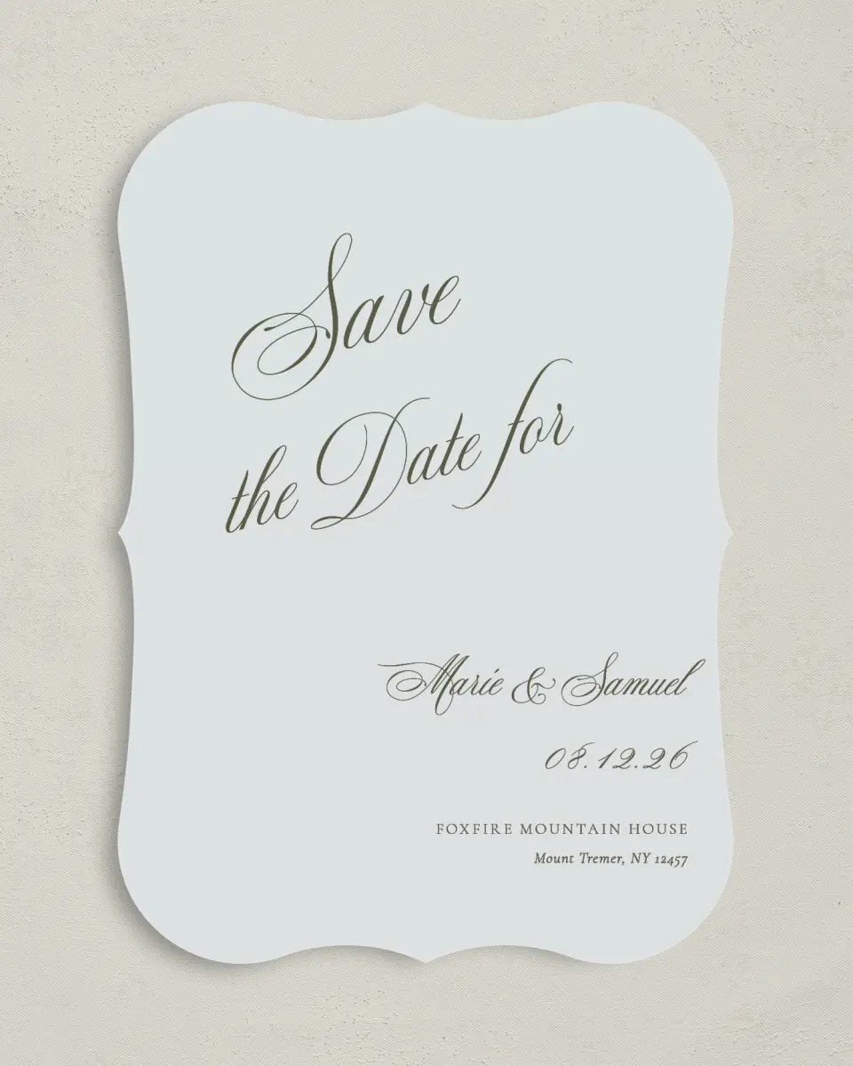 This is a 5" x 7" Save the Date Card called Foxfire printed in full color on Premium Smooth paper