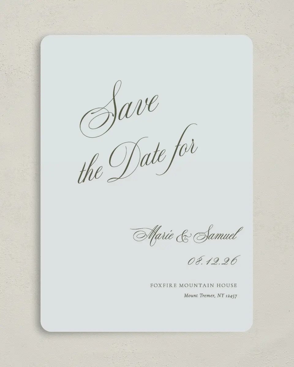 This is a 5" x 7" Save the Date Card called Foxfire printed in full color on Premium Smooth paper