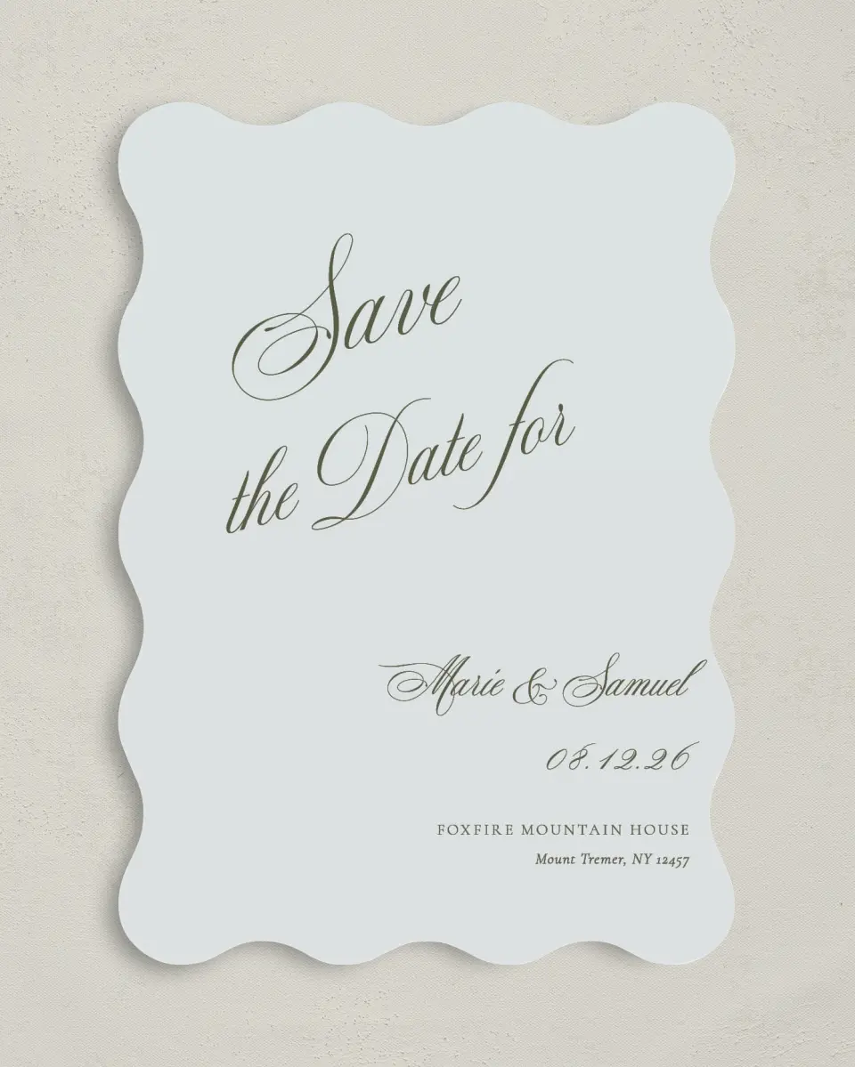This is a 5" x 7" Save the Date Card called Foxfire printed in full color on Premium Smooth paper