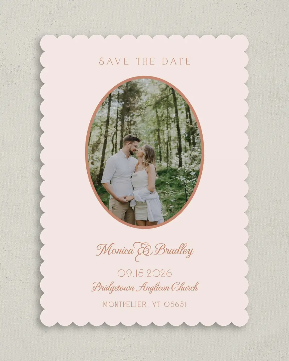 This is a 5" x 7" Save the Date Card called Bridgetown printed in full color on Premium Smooth paper