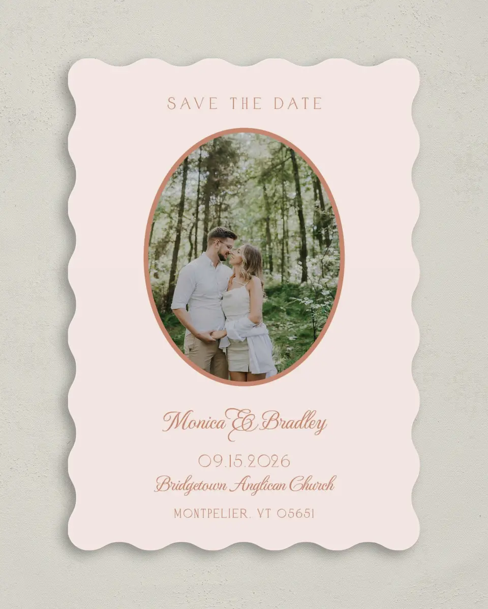 This is a 5" x 7" Save the Date Card called Bridgetown printed in full color on Premium Smooth paper