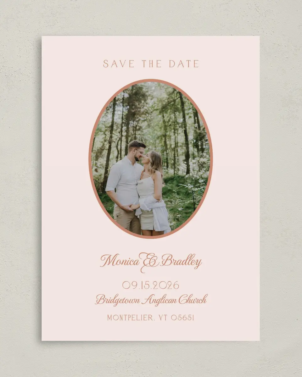 This is a 5" x 7" Save the Date Card called Bridgetown printed in full color on Premium Smooth paper