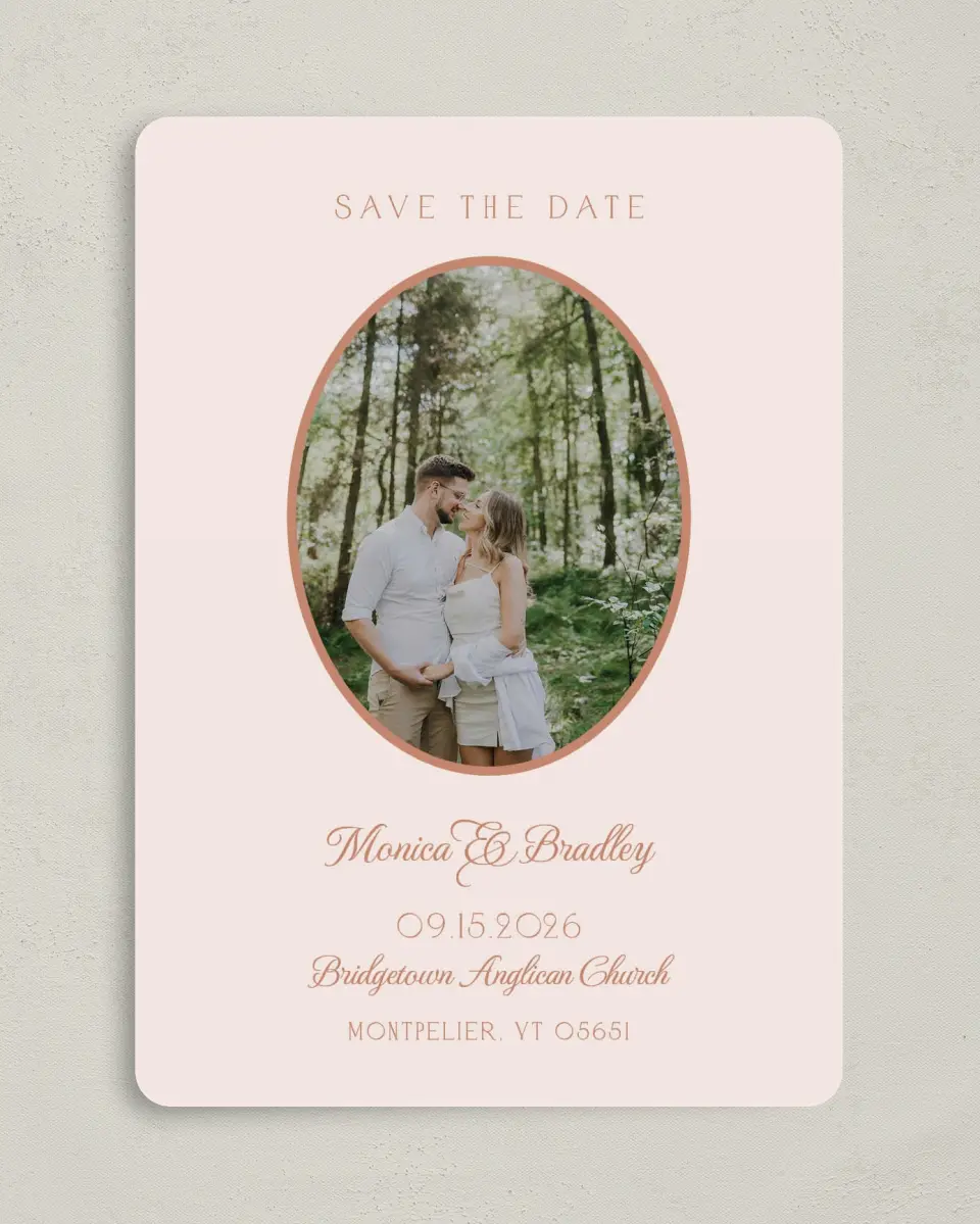 This is a 5" x 7" Save the Date Card called Bridgetown printed in full color on Premium Smooth paper