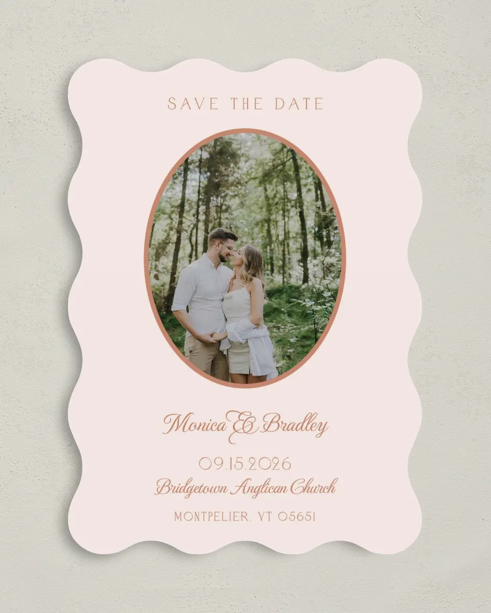 This is a 5" x 7" Save the Date Card called Bridgetown printed in full color on Premium Smooth paper
