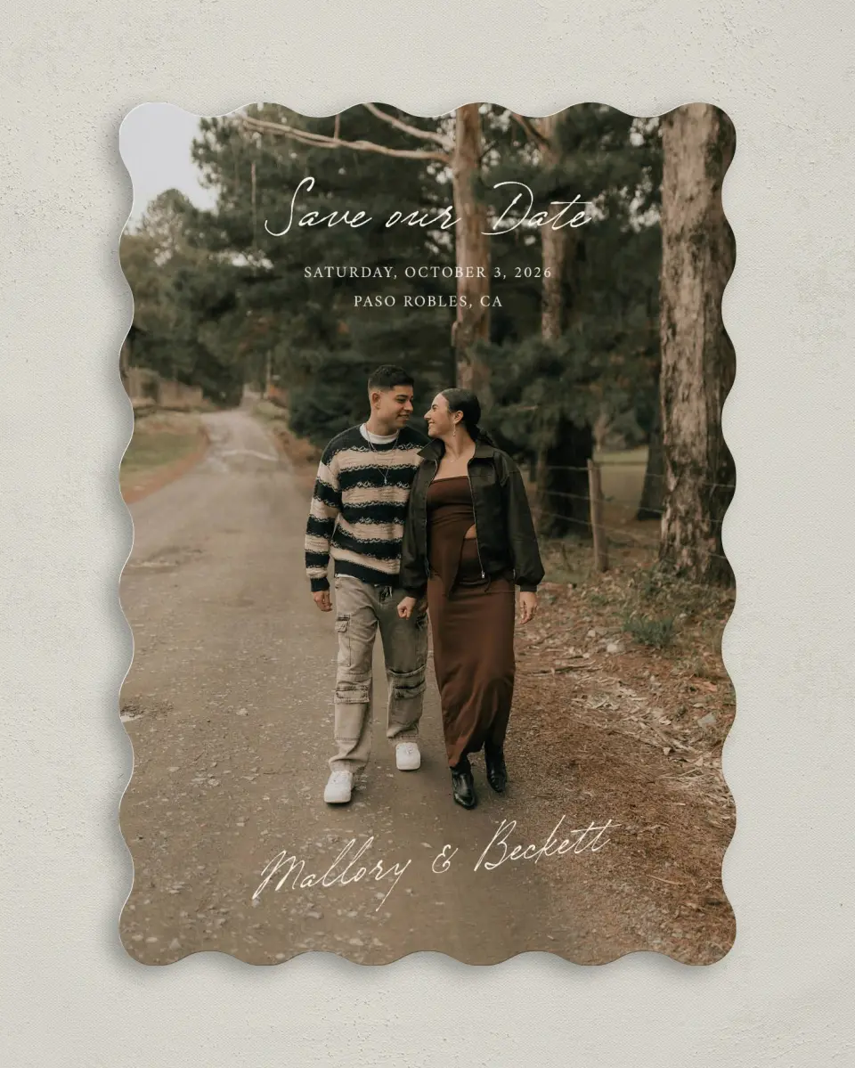 This is a 5" x 7" Save the Date Card called Ivyhill printed in full color on Premium Smooth paper