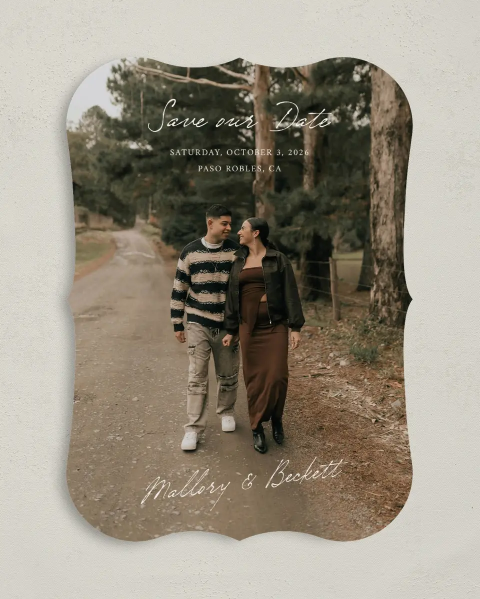 This is a 5" x 7" Save the Date Card called Ivyhill printed in full color on Premium Smooth paper