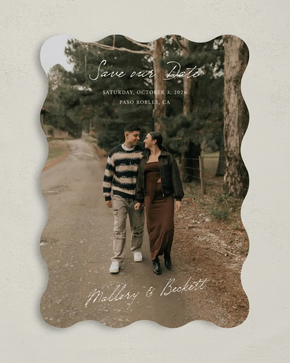 This is a 5" x 7" Save the Date Card called Ivyhill printed in full color on Premium Smooth paper
