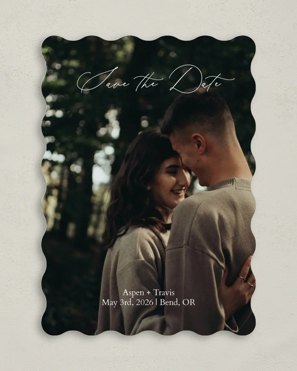 This is a 5" x 7" Save the Date Card called Willowmere printed in full color on Premium Smooth paper