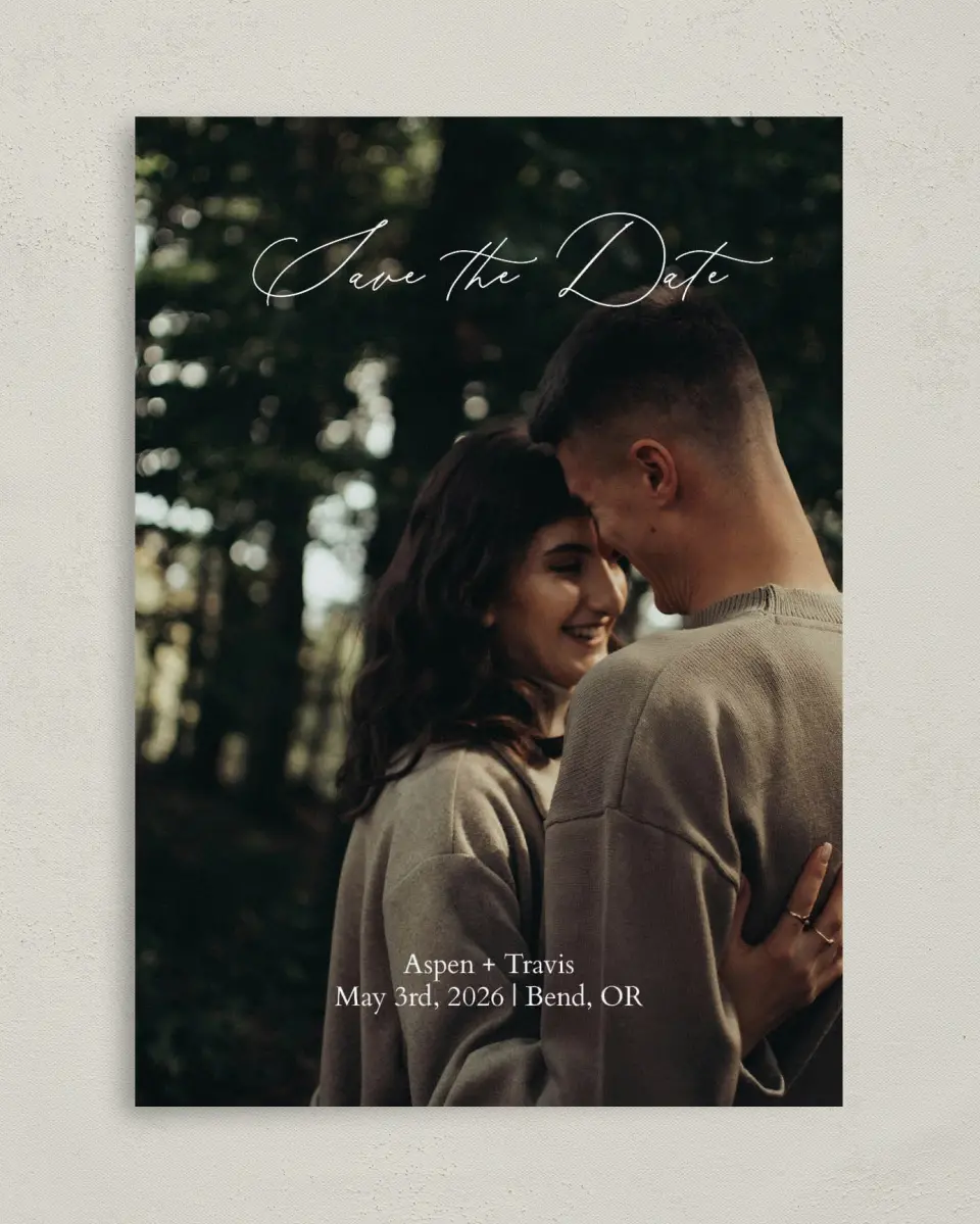 This is a 5" x 7" Save the Date Card called Willowmere printed in full color on Premium Smooth paper