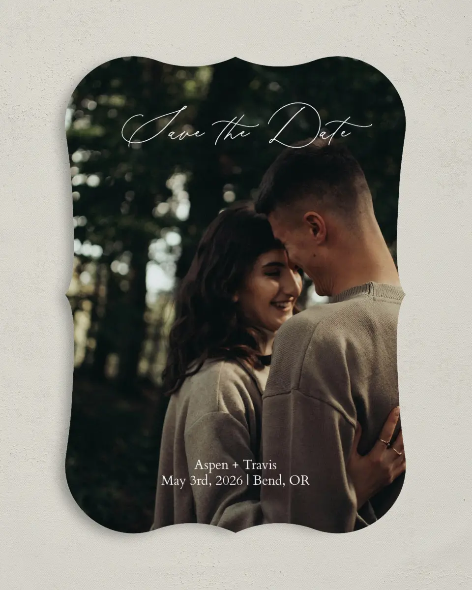 This is a 5" x 7" Save the Date Card called Willowmere printed in full color on Premium Smooth paper