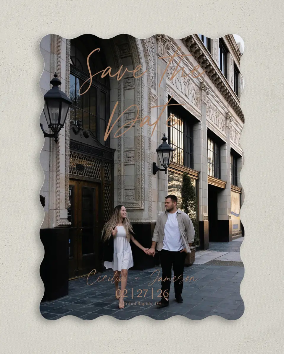 This is a 5" x 7" Save the Date Card called Nazareth & Stone printed in full color on Premium Smooth paper