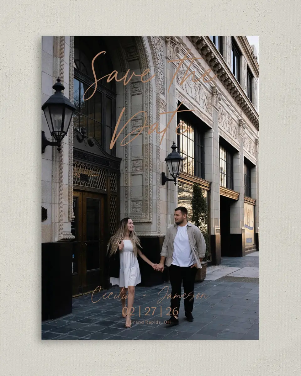 This is a 5" x 7" Save the Date Card called Nazareth & Stone printed in full color on Premium Smooth paper