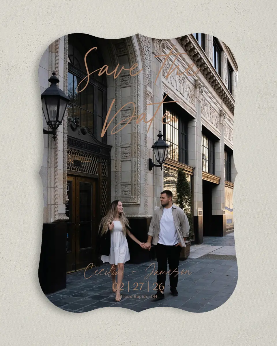 This is a 5" x 7" Save the Date Card called Nazareth & Stone printed in full color on Premium Smooth paper