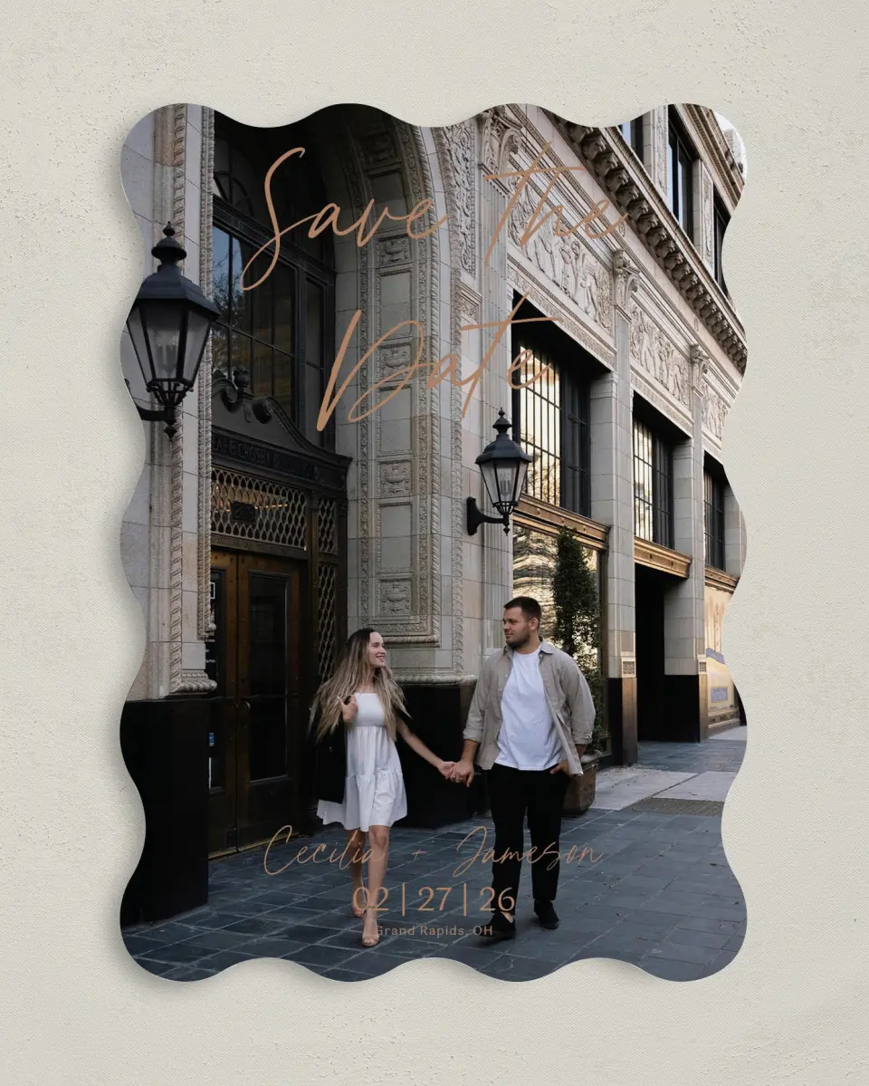 This is a 5" x 7" Save the Date Card called Nazareth & Stone printed in full color on Premium Smooth paper