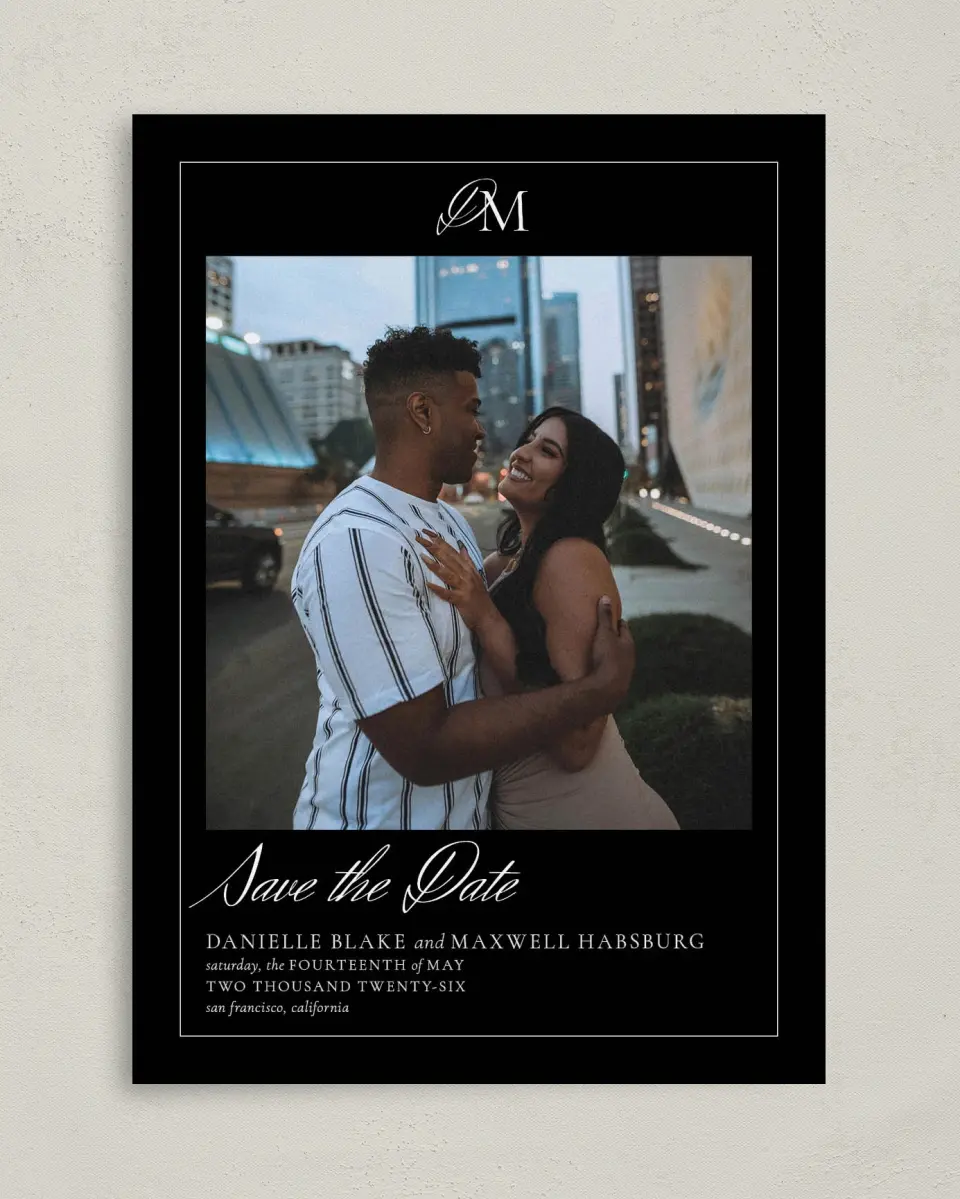 This is a 5" x 7" Save the Date Card called Commonwealth Club printed in full color on Premium Smooth paper