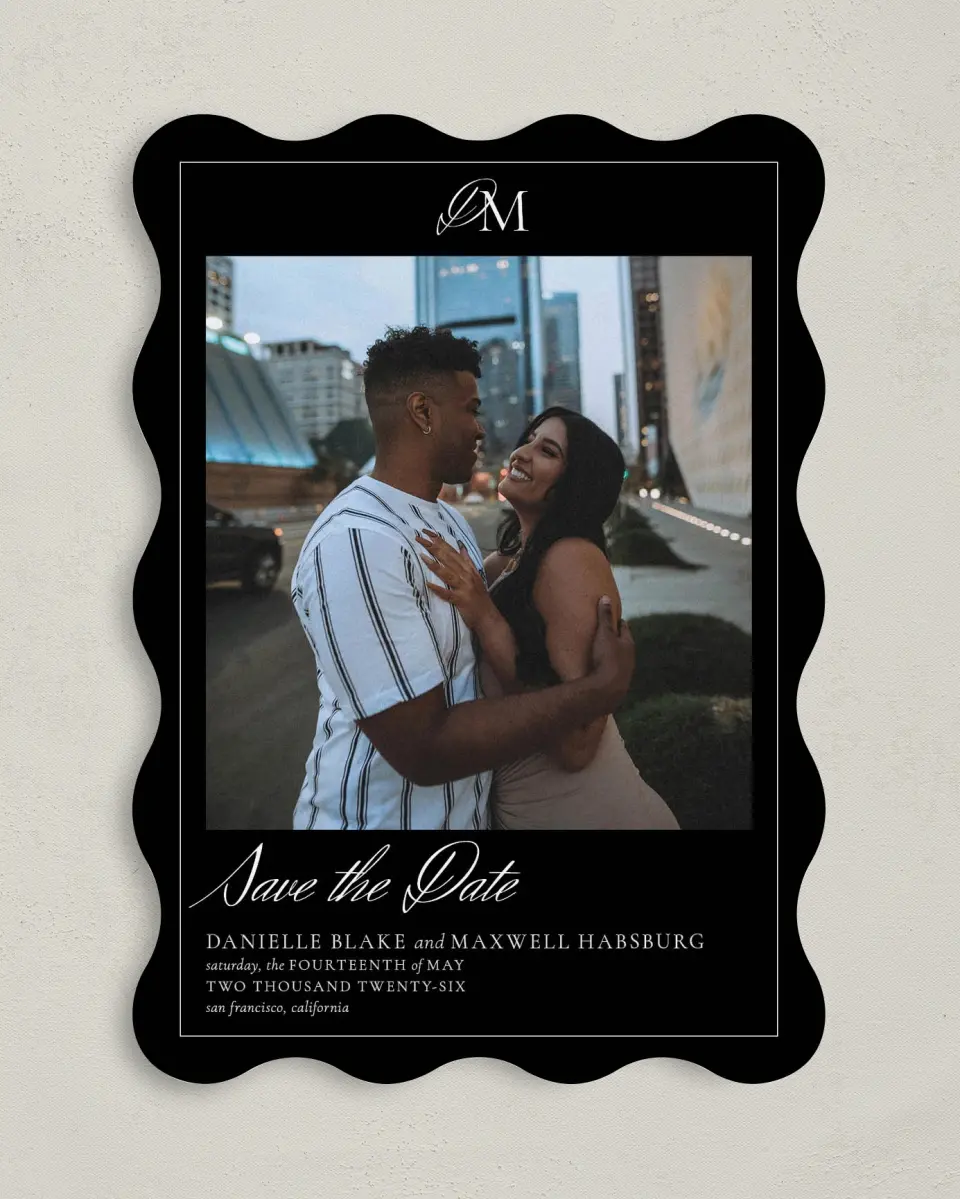 This is a 5" x 7" Save the Date Card called Commonwealth Club printed in full color on Premium Smooth paper