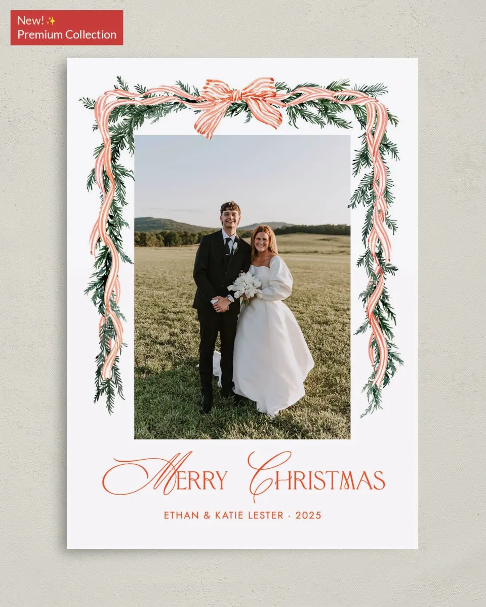This is a 5" x 7" Christmas Card called Trimmed Tidings printed in full color with Gold foil on Premium Smooth paper