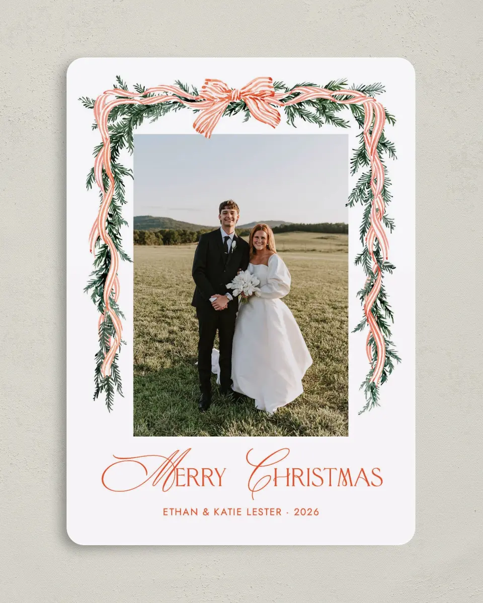 This is a 5" x 7" Christmas Card called Trimmed Tidings printed in full color with Gold foil on Soft Suede (coated) paper