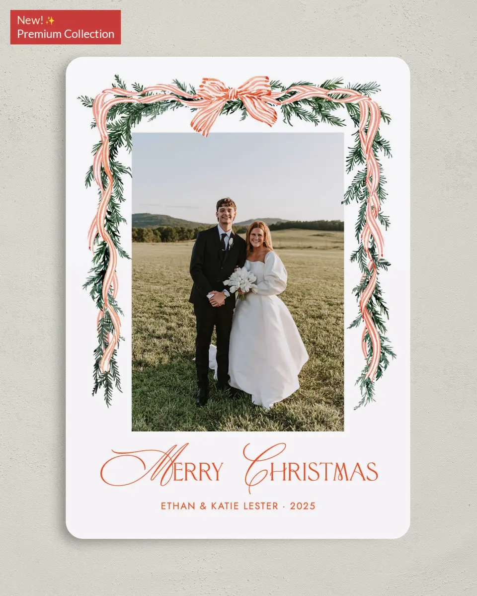 This is a 5" x 7" Christmas Card called Trimmed Tidings printed in full color with Gold foil on Premium Smooth paper