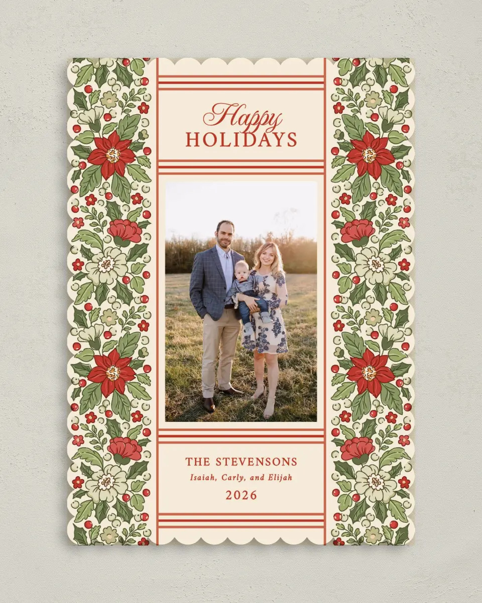 This is a 5" x 7" Christmas Card called Floral Christmas printed in full color with Gold foil on Premium Smooth paper on Premium Smooth paper on Premium Smooth paper