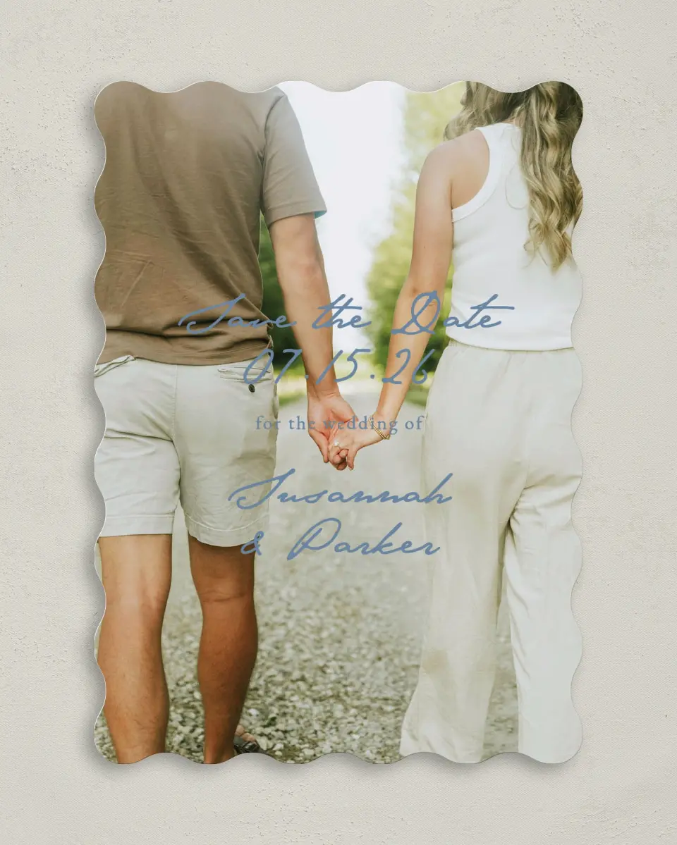 This is a 5" x 7" Save the Date Card called Rosewood printed in full color on Premium Smooth paper