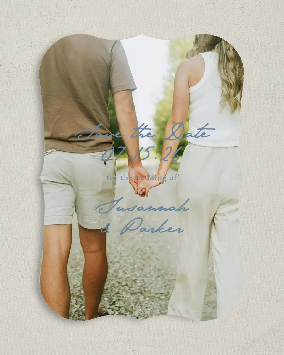This is a 5" x 7" Save the Date Card called Rosewood printed in full color on Premium Smooth paper