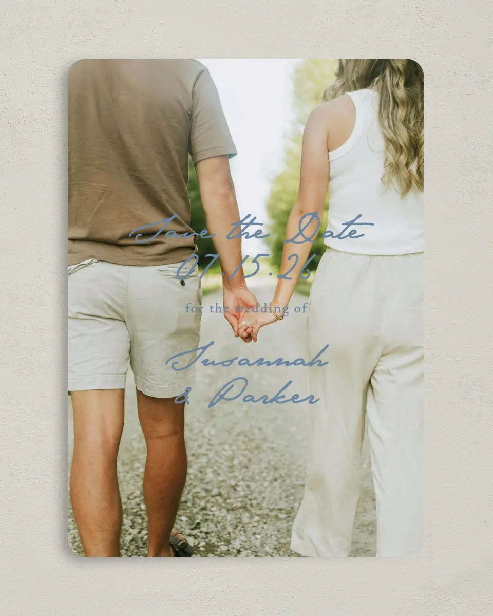 This is a 5" x 7" Save the Date Card called Rosewood printed in full color on Premium Smooth paper