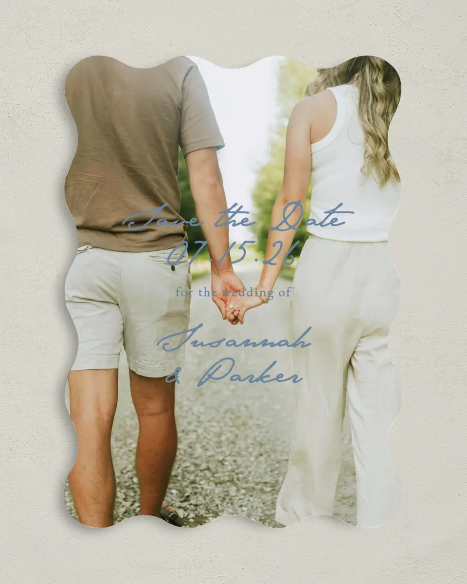 This is a 5" x 7" Save the Date Card called Rosewood printed in full color on Premium Smooth paper