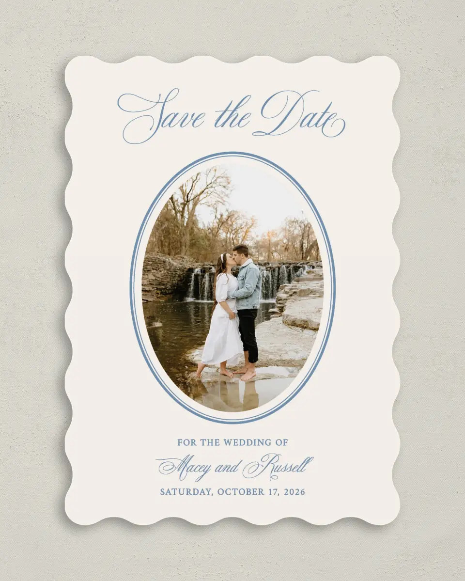 This is a 5" x 7" Save the Date Card called Vintage Reverie printed in full color on Premium Smooth paper