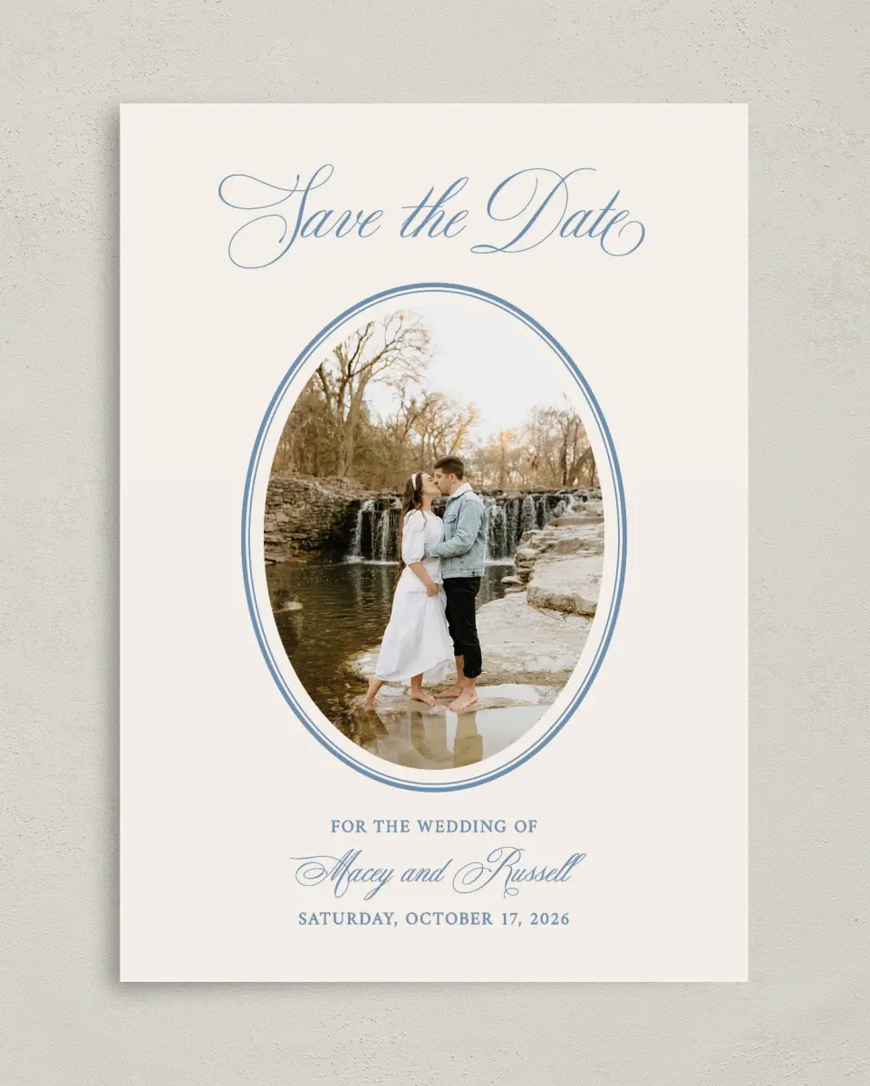 This is a 5" x 7" Save the Date Card called Vintage Reverie printed in full color on Premium Smooth paper