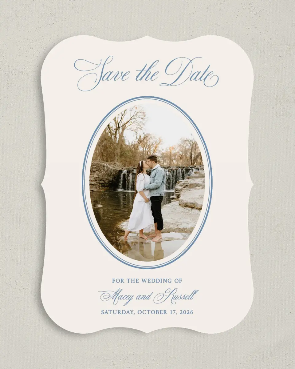 This is a 5" x 7" Save the Date Card called Vintage Reverie printed in full color on Premium Smooth paper