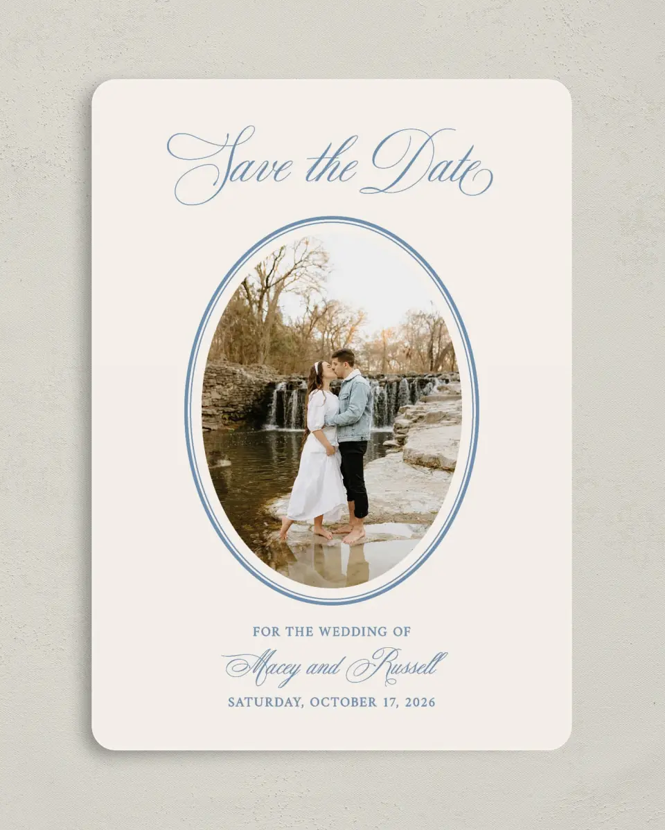 This is a 5" x 7" Save the Date Card called Vintage Reverie printed in full color on Premium Smooth paper