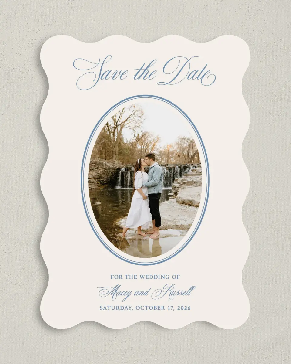 This is a 5" x 7" Save the Date Card called Vintage Reverie printed in full color on Premium Smooth paper