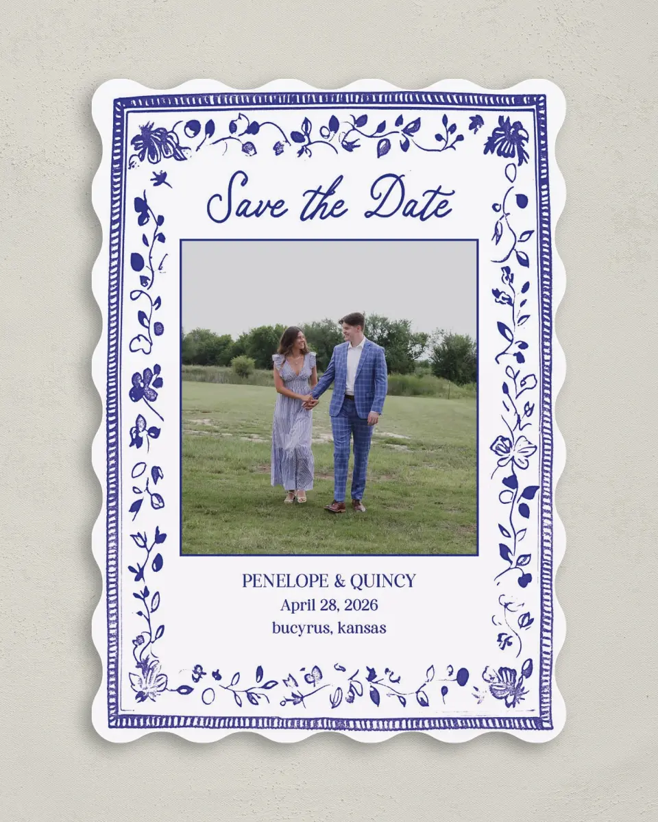 This is a 5" x 7" Save the Date Card called Storybook Garden printed in full color on Premium Smooth paper