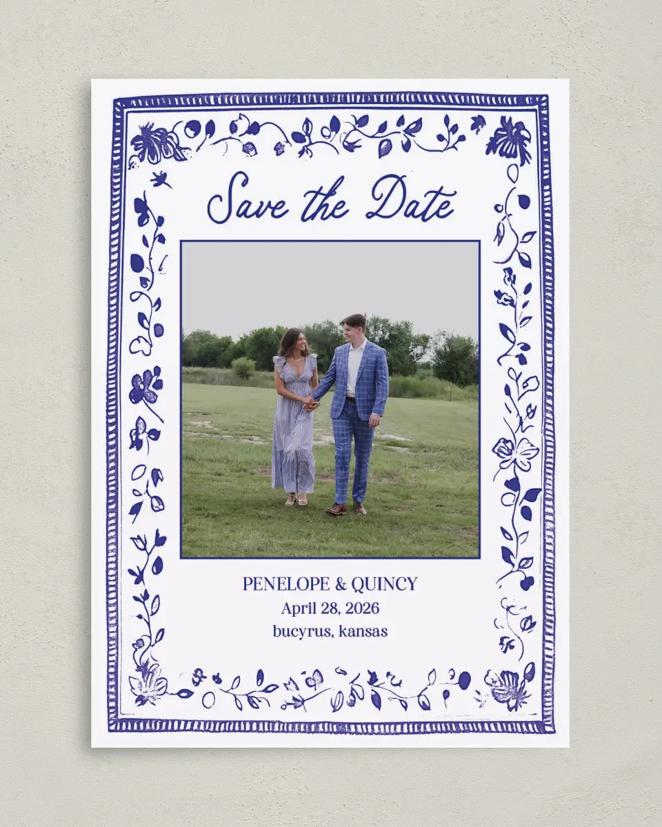 This is a 5" x 7" Save the Date Card called Storybook Garden printed in full color with Silver foil on Luxe Satin (coated) paper