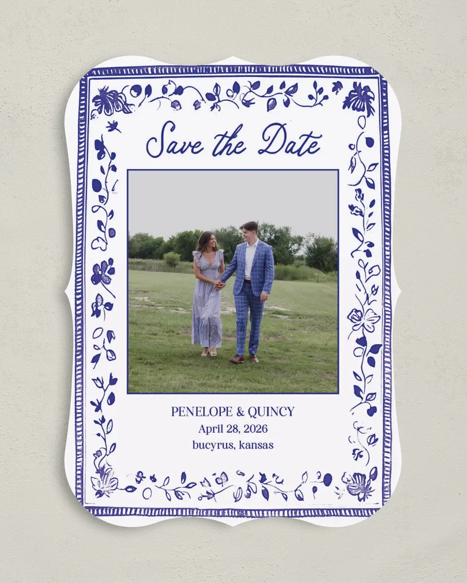 This is a 5" x 7" Save the Date Card called Storybook Garden printed in full color on Premium Smooth paper