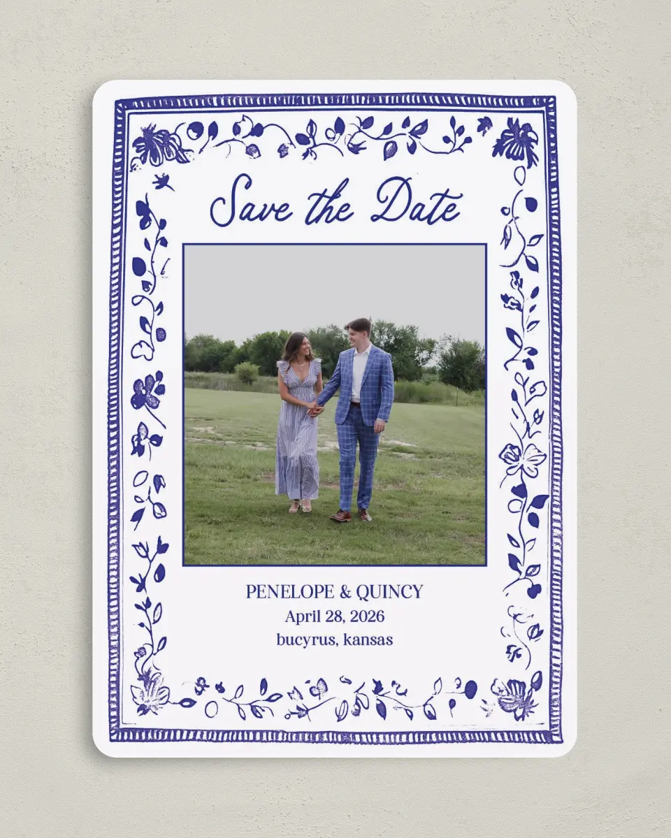 This is a 5" x 7" Save the Date Card called Storybook Garden printed in full color on Premium Smooth paper
