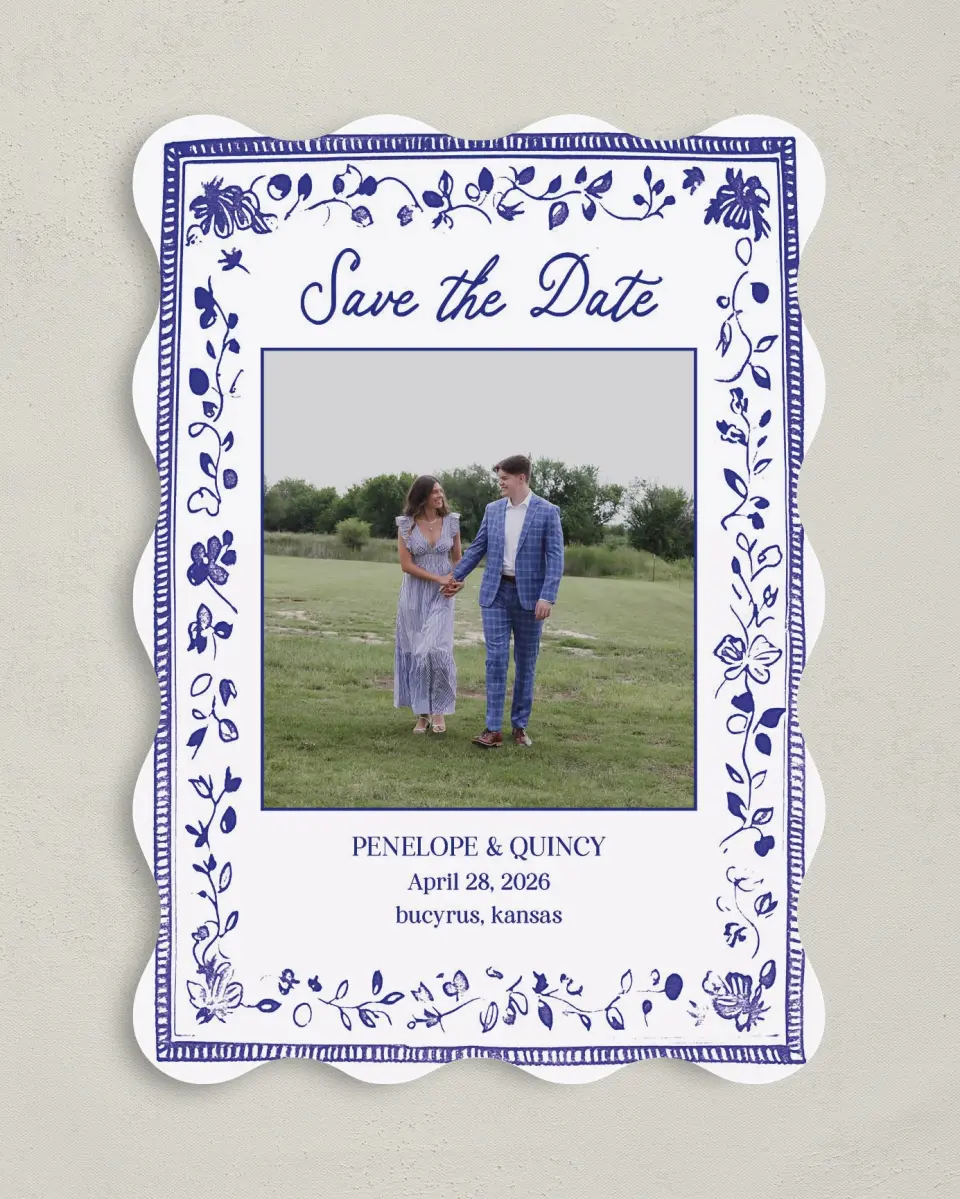 This is a 5" x 7" Save the Date Card called Storybook Garden printed in full color on Premium Smooth paper