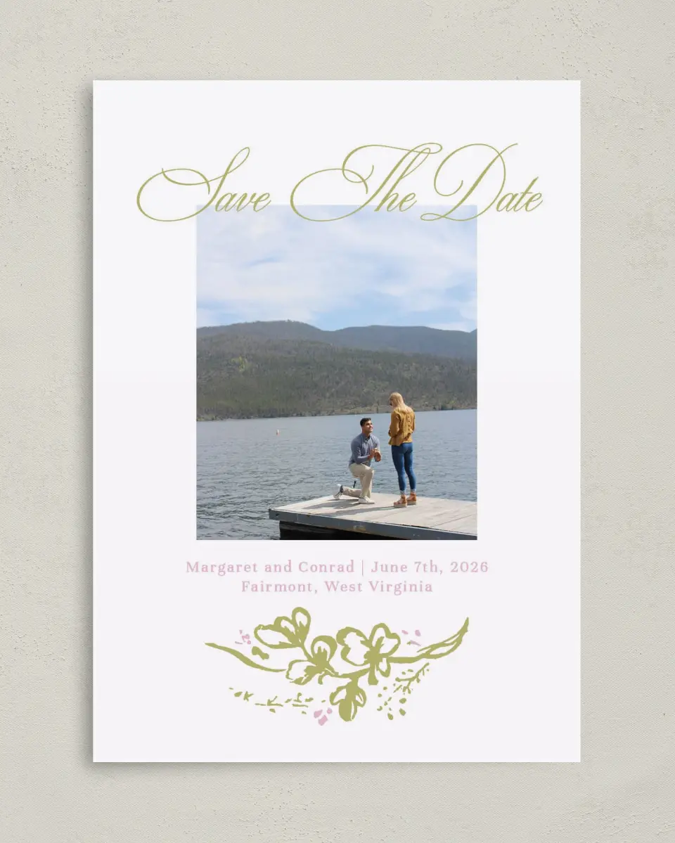This is a 5" x 7" Save the Date Card called Evening in Bloom printed in full color on Premium Smooth paper