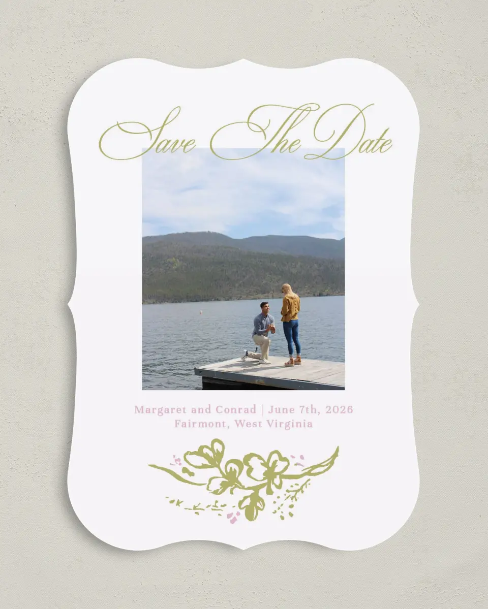 This is a 5" x 7" Save the Date Card called Evening in Bloom printed in full color on Premium Smooth paper