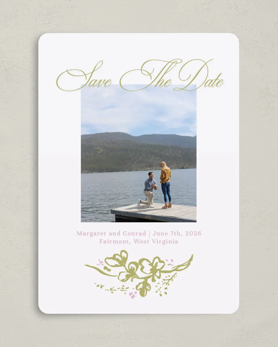 This is a 5" x 7" Save the Date Card called Evening in Bloom printed in full color on Premium Smooth paper