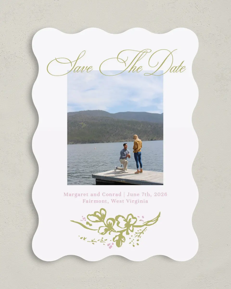 This is a 5" x 7" Save the Date Card called Evening in Bloom printed in full color on Premium Smooth paper