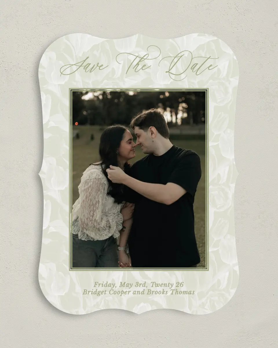 This is a 5" x 7" Save the Date Card called Timeless Tulips printed in full color on Premium Smooth paper