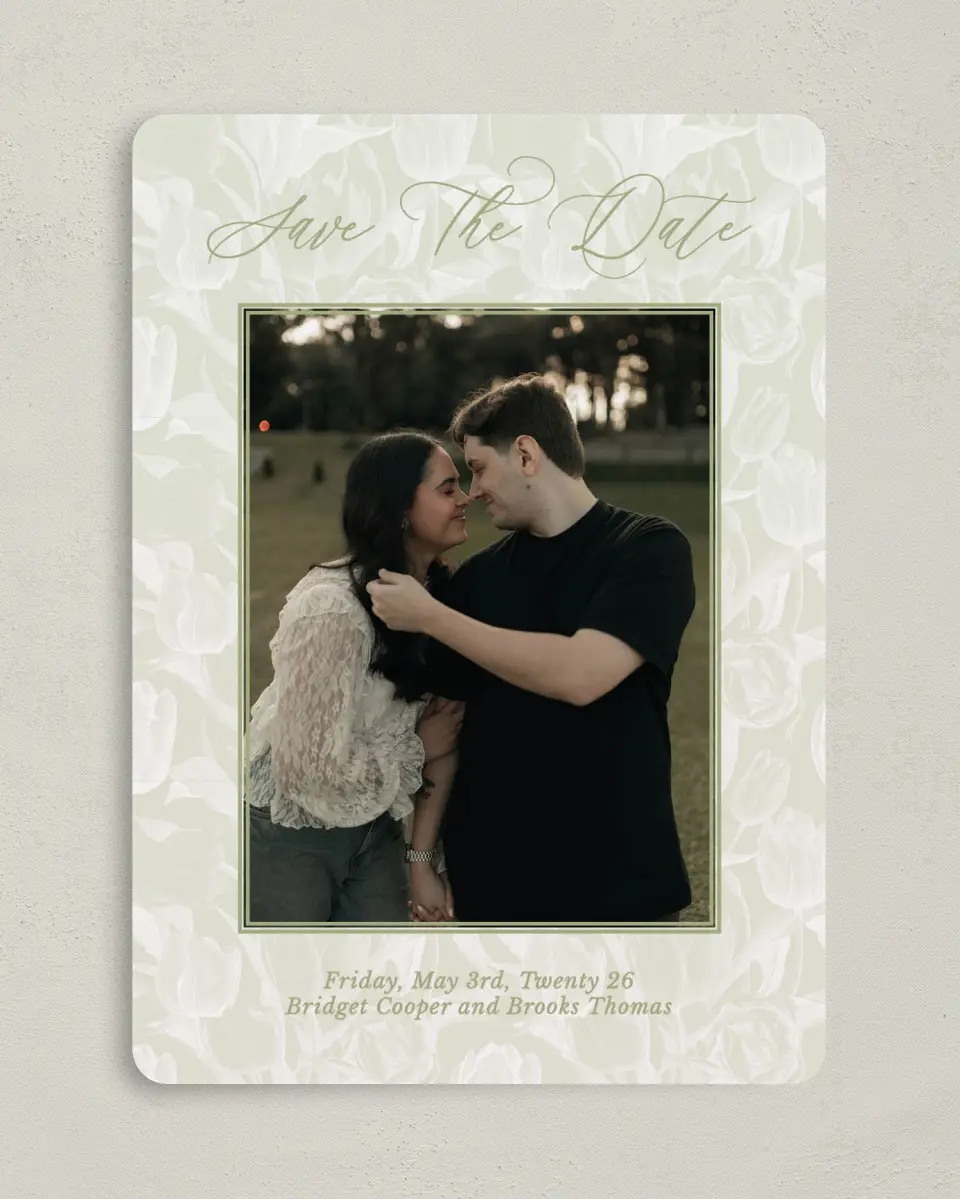 This is a 5" x 7" Save the Date Card called Timeless Tulips printed in full color on Premium Smooth paper