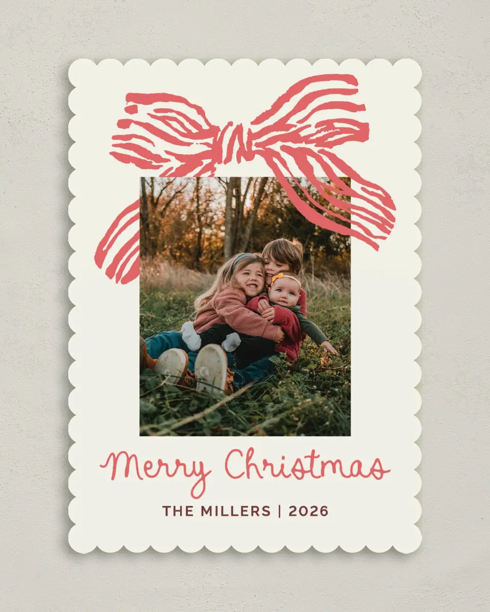 This is a 5" x 7" Christmas Card called Bold Bow printed in full color on Premium Smooth paper on Premium Smooth paper on Premium Smooth paper