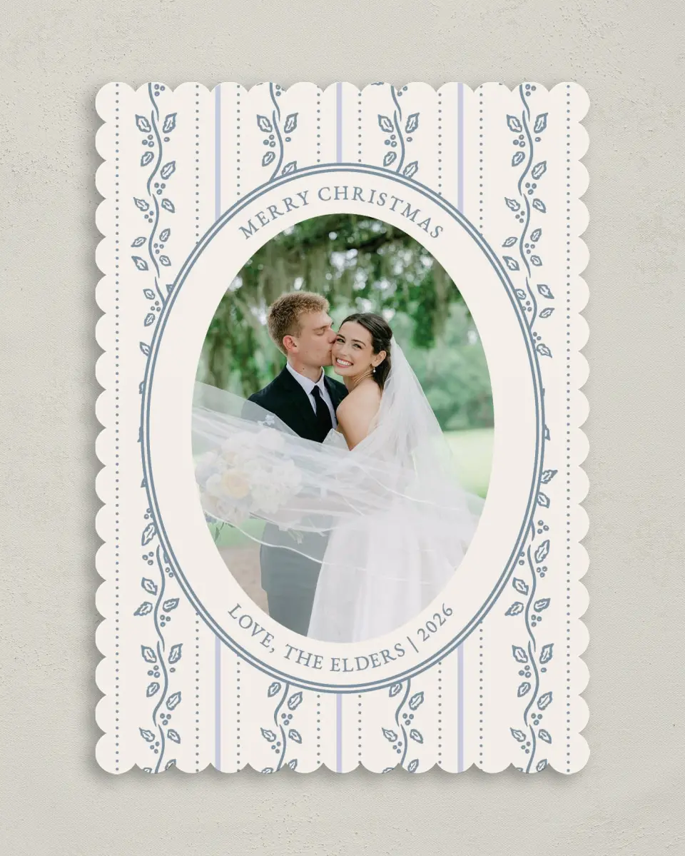 This is a 5" x 7" Christmas Card called Petal and Pine printed in full color with Gold foil on Premium Smooth paper on Premium Smooth paper on Premium Smooth paper
