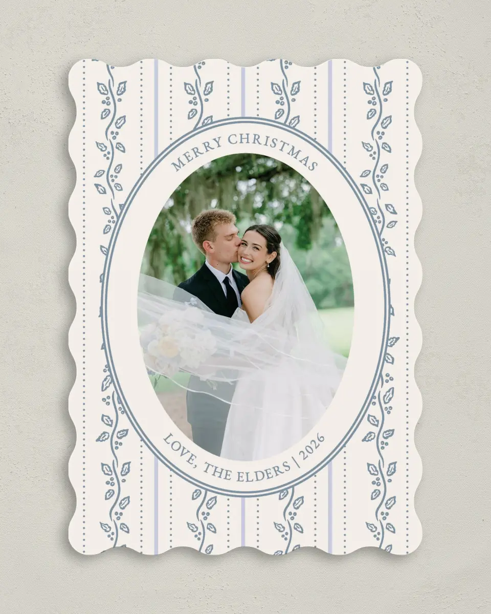 This is a 5" x 7" Christmas Card called Petal and Pine printed in full color with Gold foil on Premium Smooth paper