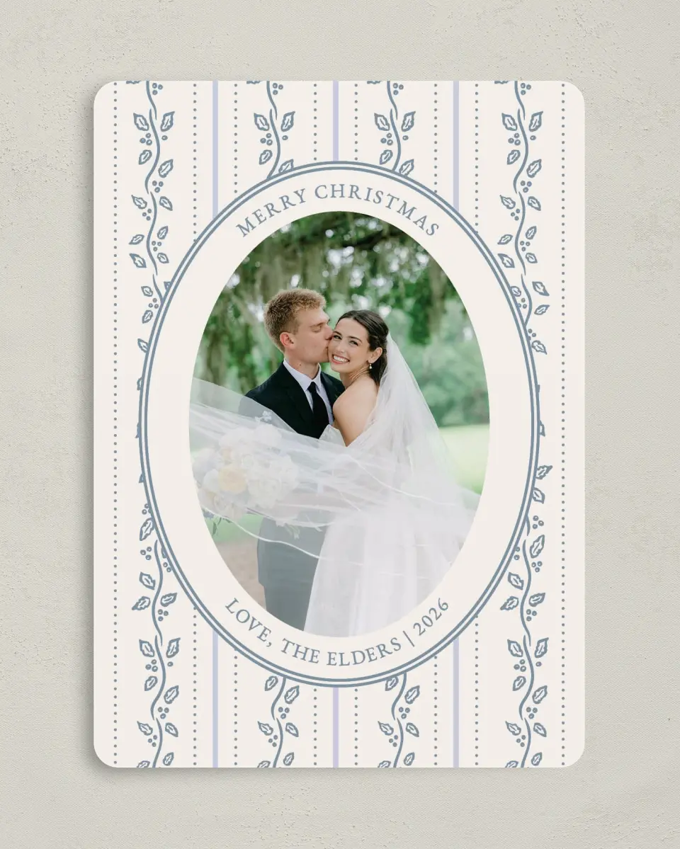This is a 5" x 7" Christmas Card called Petal and Pine printed in full color with Gold foil on Premium Smooth paper