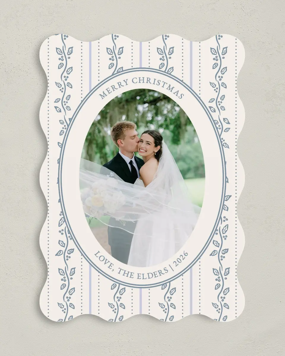 This is a 5" x 7" Christmas Card called Petal and Pine printed in full color with Gold foil on Premium Smooth paper